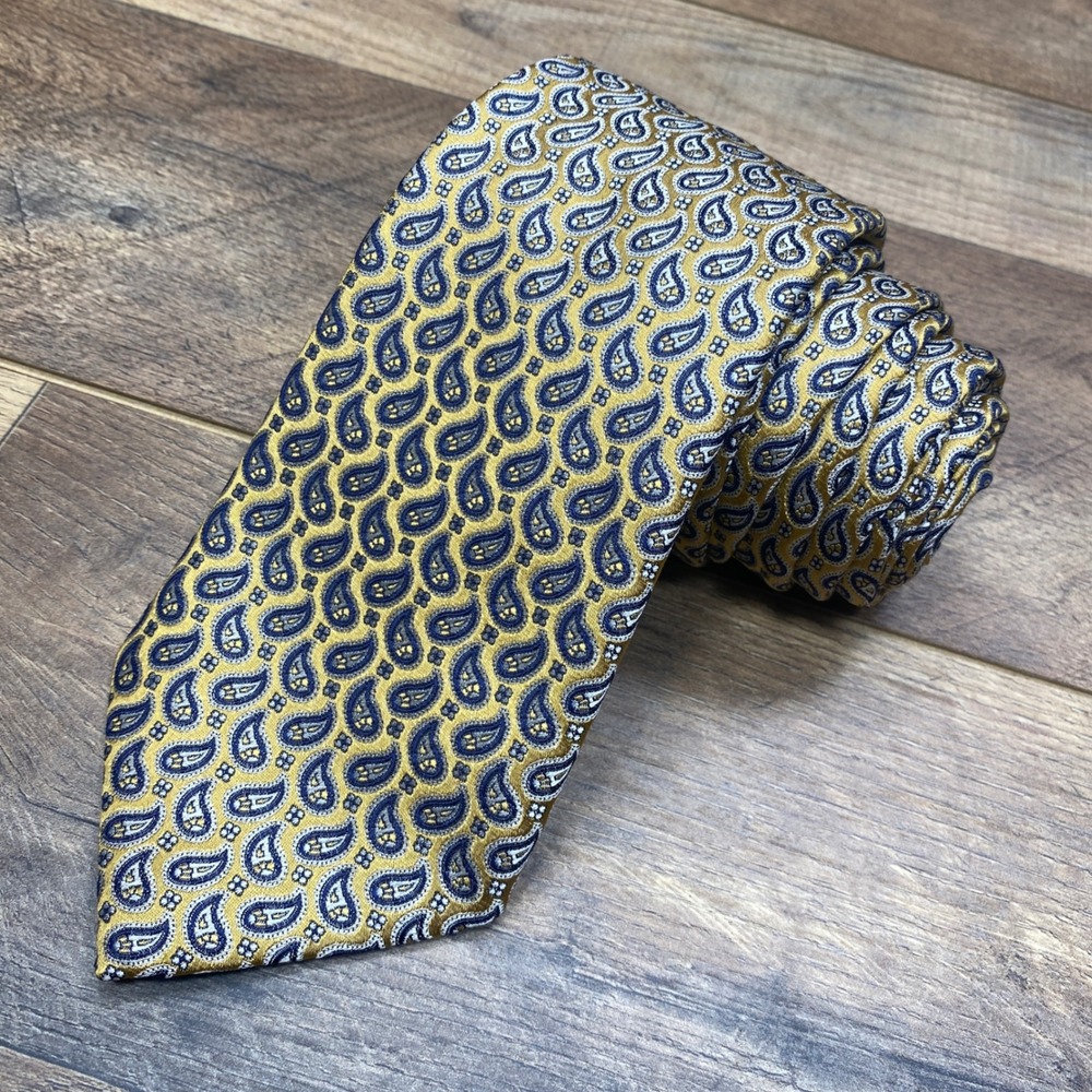 Ermenegildo Zegna Silk Tie Mens One Size Gold Blue Paisley Italy Luxury Business